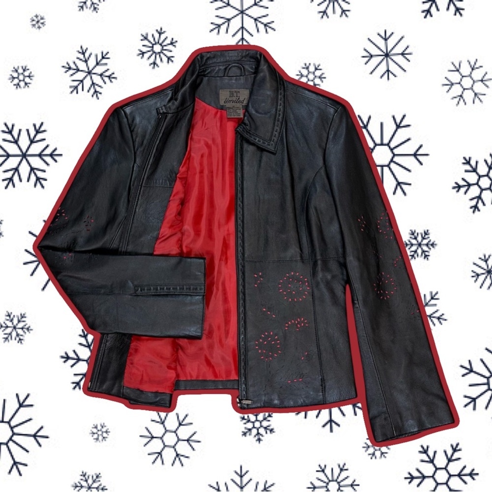 B.T. Limited leather jacket S small black laser cut red lined light casual